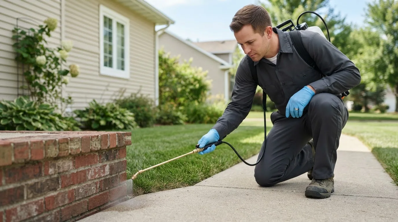 Pest control technician treating a home near Richfield, OH